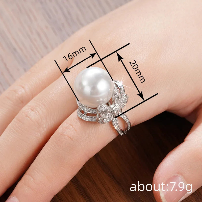 T0568 Women's Cocktail Ring Freshwater Pearl Bowknot Pave Setting Round Brilliant Cut Wedding Fashion Jewelry