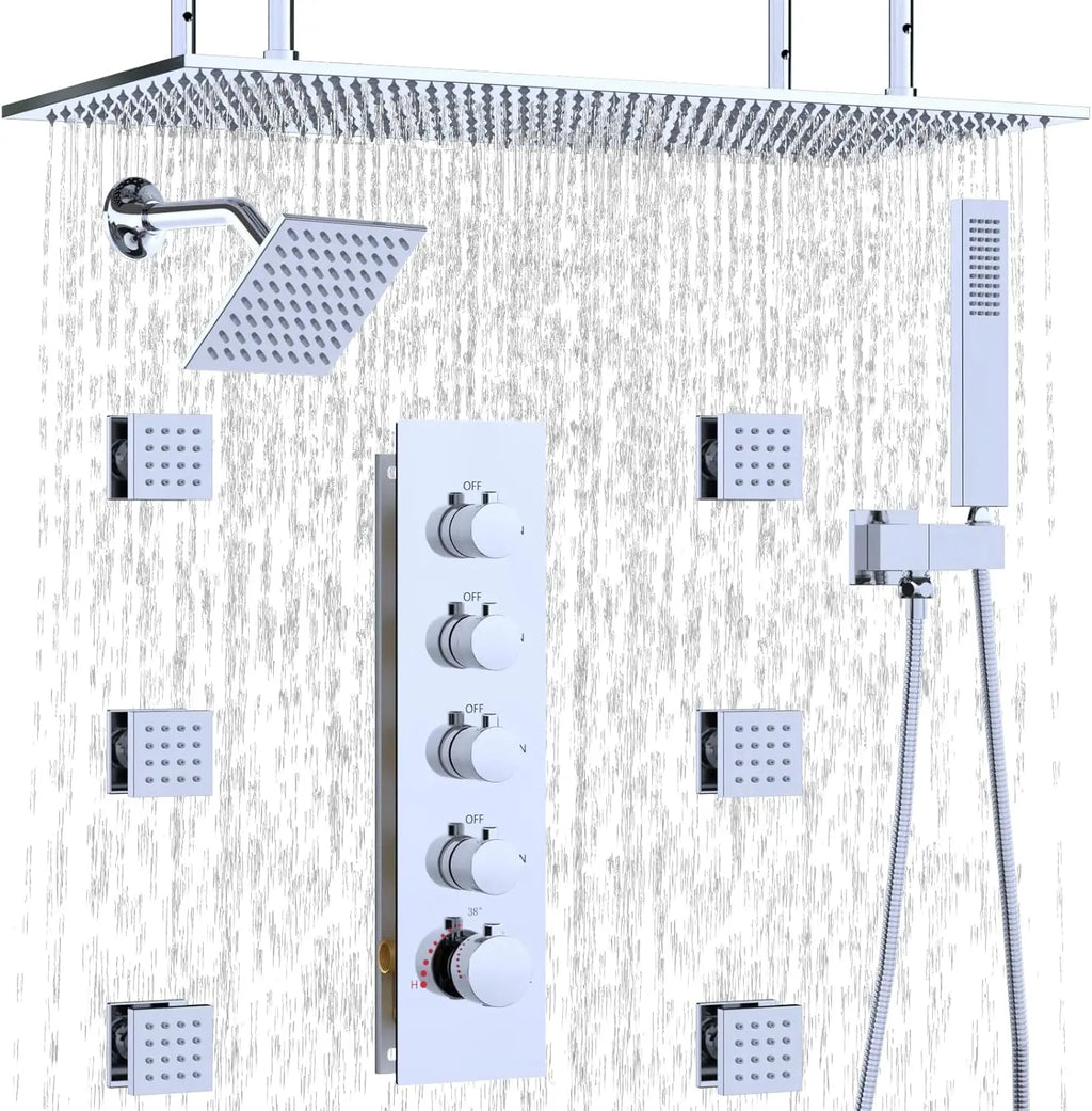 Dual Shower System 15.7x31.5" Rainfall Chrome Rain Shower Handheld Brass 6" Shower Heads Featuring 6pcs Body Jets Soft Spray