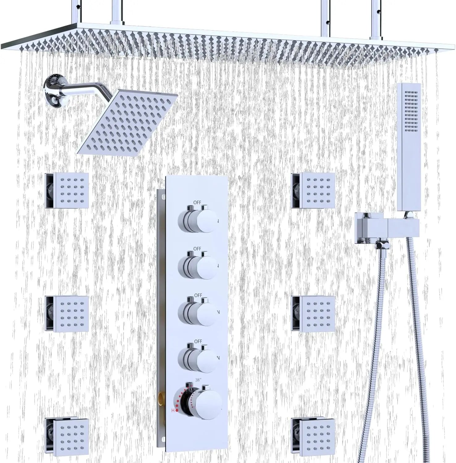 Dual Shower System 15.7x31.5" Rainfall Chrome Rain Shower Handheld Brass 6" Shower Heads Featuring 6pcs Body Jets Soft Spray