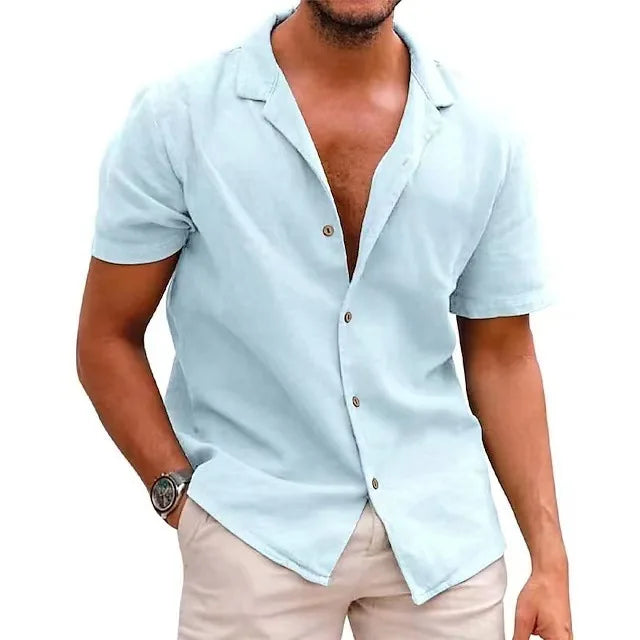 Summer New Men's Casual Lapel Solid Color Loose Short Sleeve Shirt Cotton Hemp Shirt
