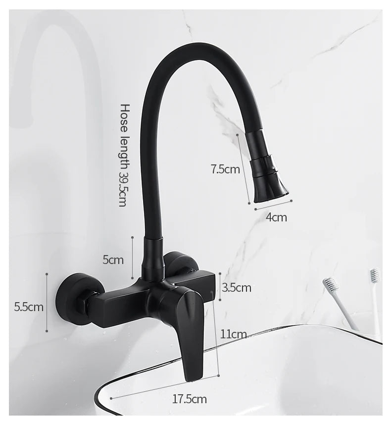 ELLEN Wall Mount Kitchen Sink Faucet Hot Cold Sink Water Mixer Tap 2 Holes Black Faucets 360 Degree Swivel ELK5400