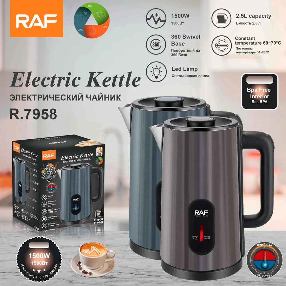 2.5L Portable Stainless Steel Electric Kettle Automatic Shut 60-70 Heat Preservation Cordless Design 360-Degree Household