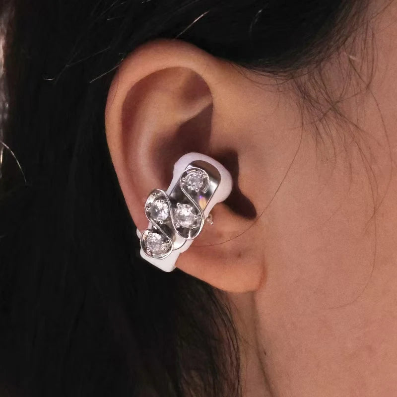 Rhinestone Clip on Earrings for Bose Earbuds (No Earbuds) Brass Accessories Golden Intertwined Wave Design Zircon Ear Cuff
