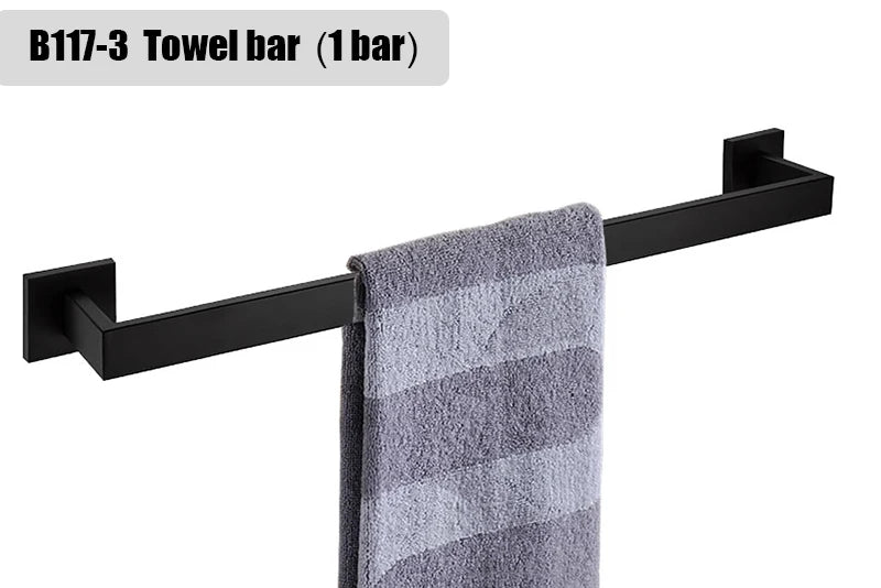 Matt Black Bathroom Hardware Set Kit Accessories Wall Shelf Towel Bar Rack Rail Robe Hanger Toilet Brush Roll Paper Holder Dish