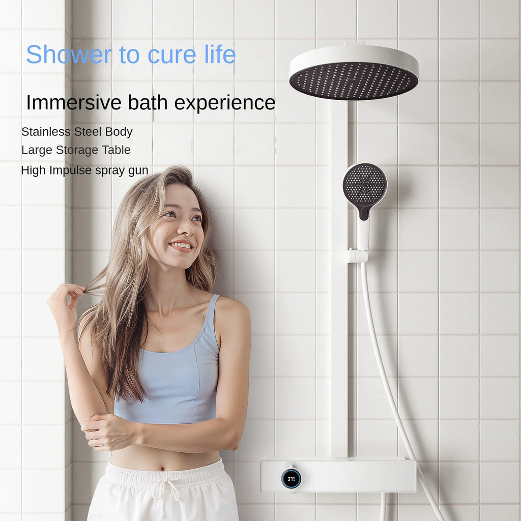 Luxury Four-Function Digital Display Shower Faucet Polished Round Style for Apartment and Hotel Massage and Jet Spray Pattern