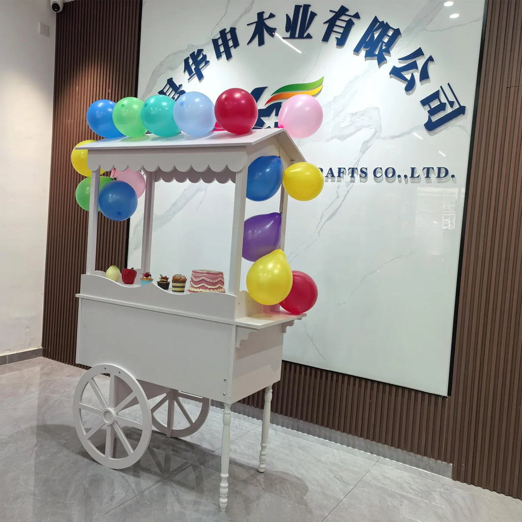 PVC & Wood Display Stand for Wedding Parties Baby Shower Wedding Candy Cart with Wheels for Birthday Wedding Party Event Decor