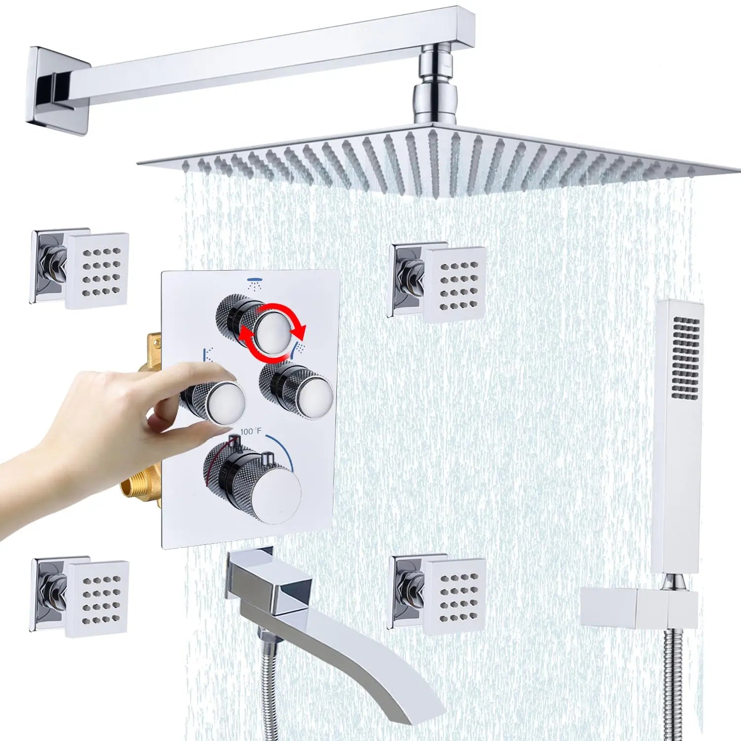 Thermostatic Shower System Full Coverage Rainfall Jet Shower Set Slide Bar Wall Mounted Brushed Nickel Finish for Apartment Use