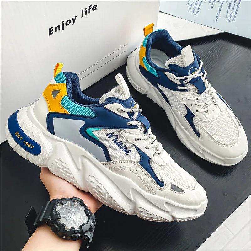 Chunky Shoes Men Spring Mesh Lace-Up Sporty Toe Mixed Colors Breathable Rubber Outsole Silkscreen Logo White Yellow Blue Orange