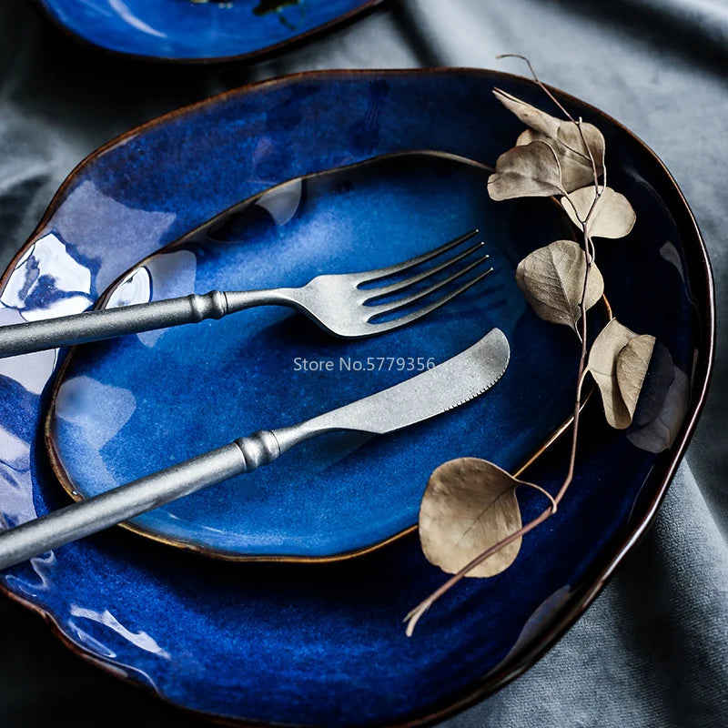 Ceramic Plate Irregular Dish Tableware Series Western Food Plate European Blue Color Glaze Salad Bowl Main Dish Kitchen Supplies