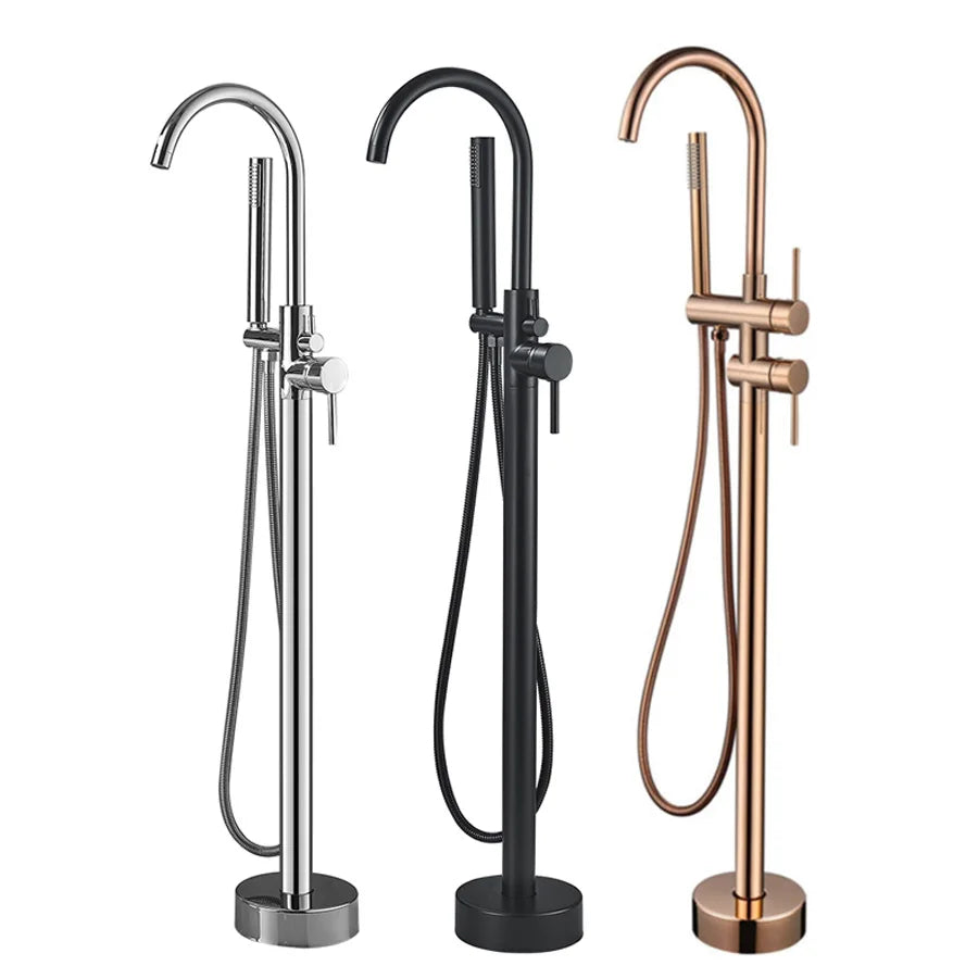 Matte Black Brass Ceramic Floor Mounted Free Standing Shower System Bathtub Mixer Tap Faucet Set Slide Bar 1 Handle Soft Spray
