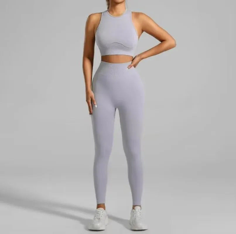 JAC22 XG7138 Women's Seamless Running Fitness Threaded Tank Top Pants Yoga Set