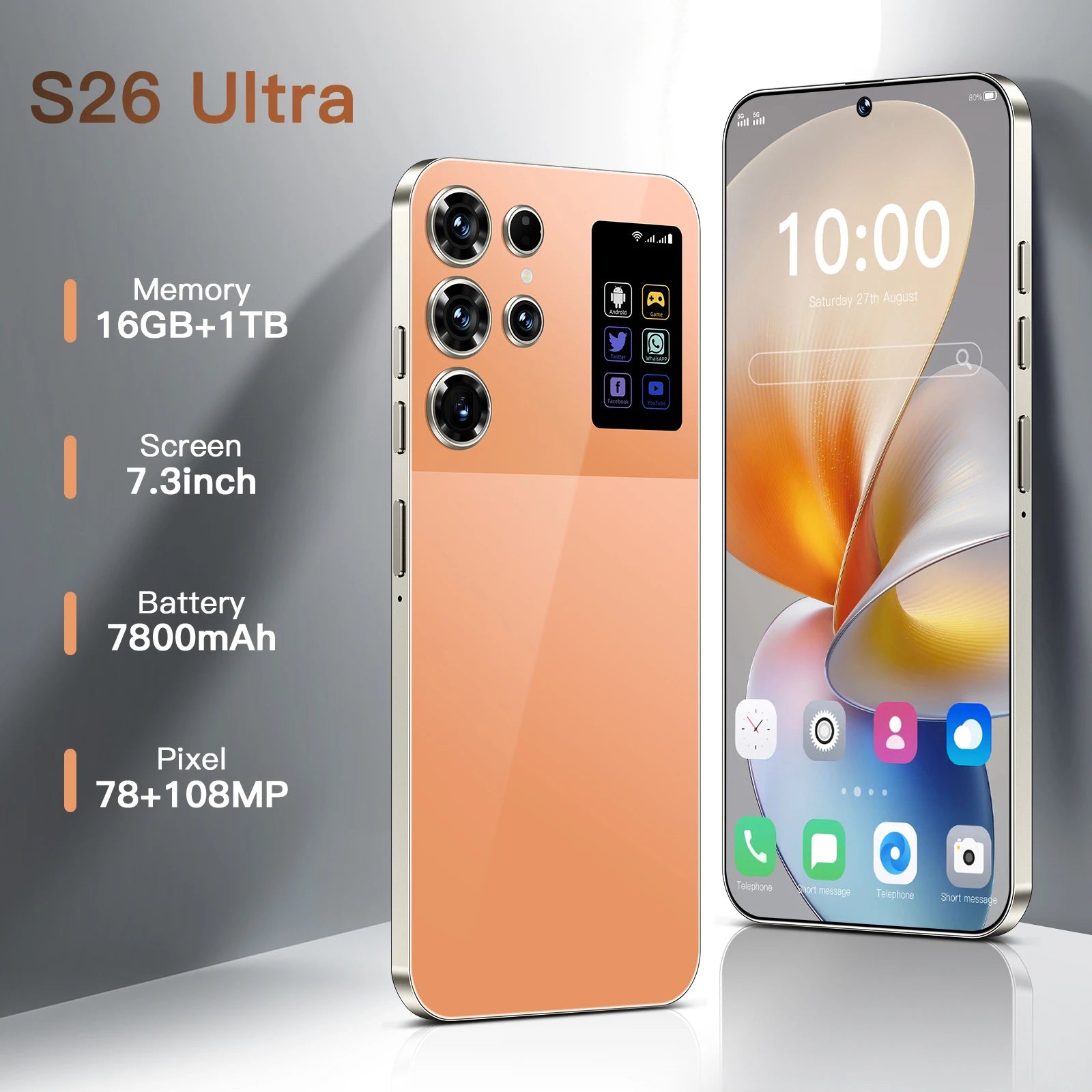 Hot Selling New S26 Ultra Mobile Phones 7.3-inch Android Smartphone Telephone Portable