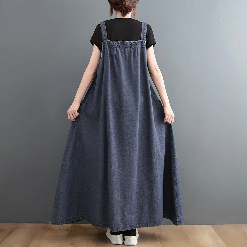 Boutique Wholesale 2026 Spring and Summer New Suspender Long Dress Loose and Thin Denim Belt Dress Large Swing Dress