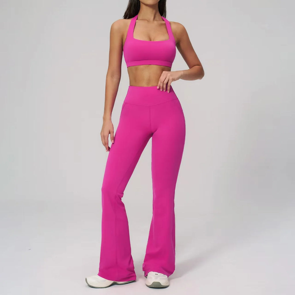 Hot Selling New Luxury 2-piece Set Soft Halter Neck Yoga Set, High Waist Bootcut Flare Pants with Padded Sports Bra for Women