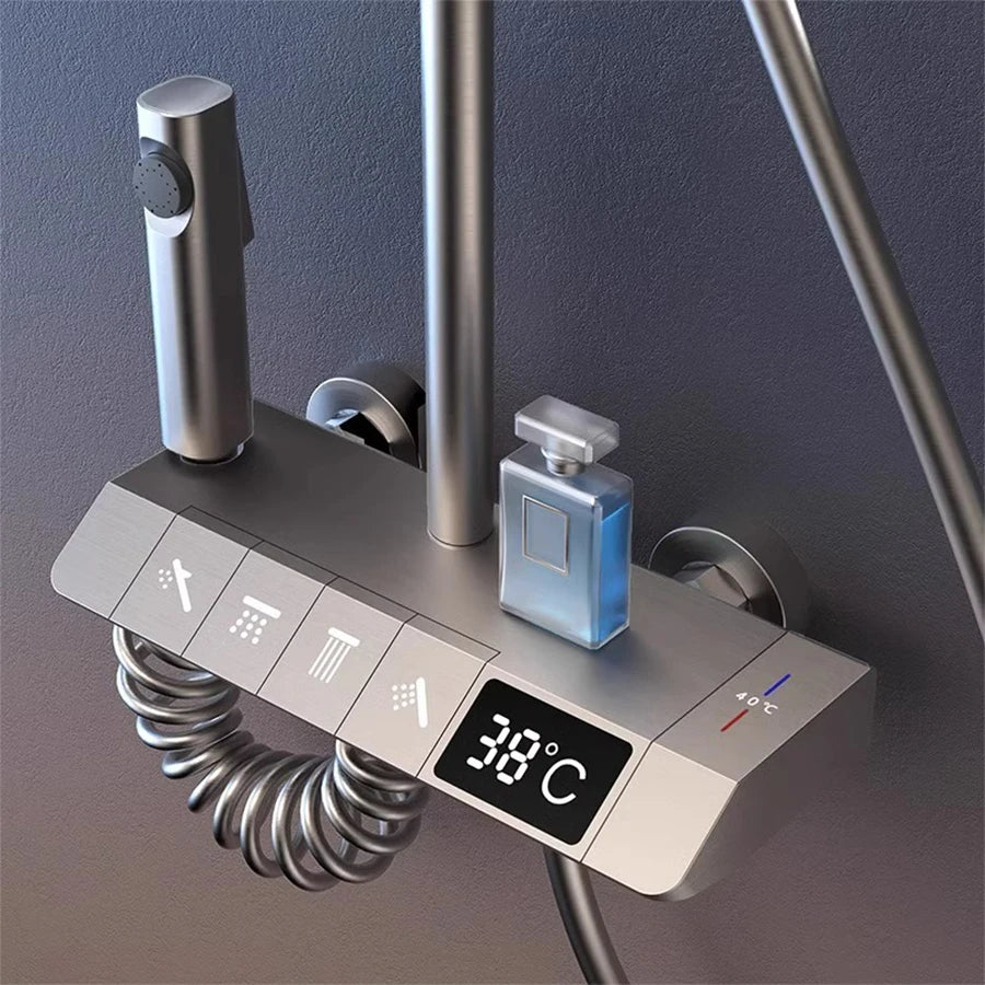 Thermostatic Shower System, 4 FunctionsLED Digital DisplayPiano KeysWall Mounted Shower SetBathroom Mixer & Bidet Sprayer