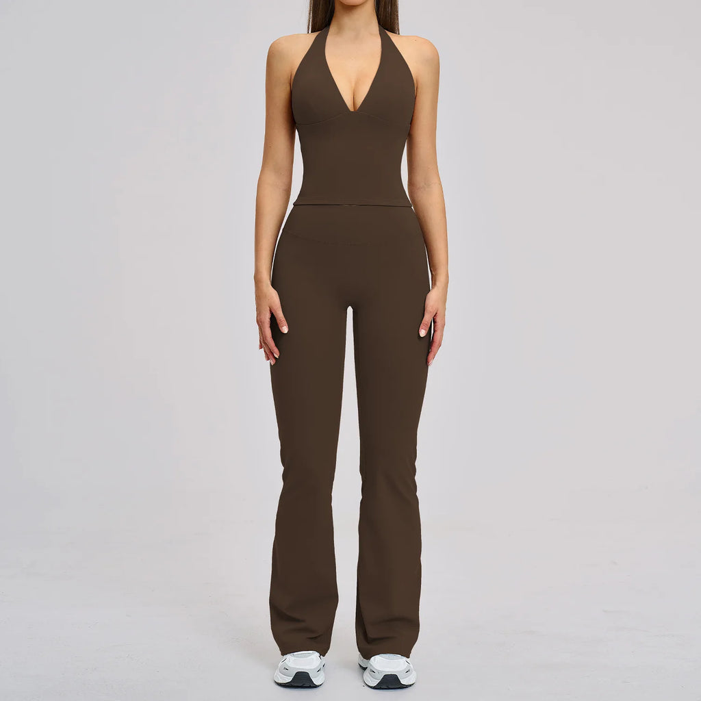 Women's Halter Backless Brushed Flare Yoga Set High Waist Flared Pants Workout Running Outfit