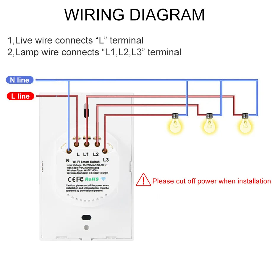 US Standard 1/2/3 Gang WiFi Smart LED Light Touch Switch Wall Panel Smart Home Switch Voice Control eWeLink Alexa