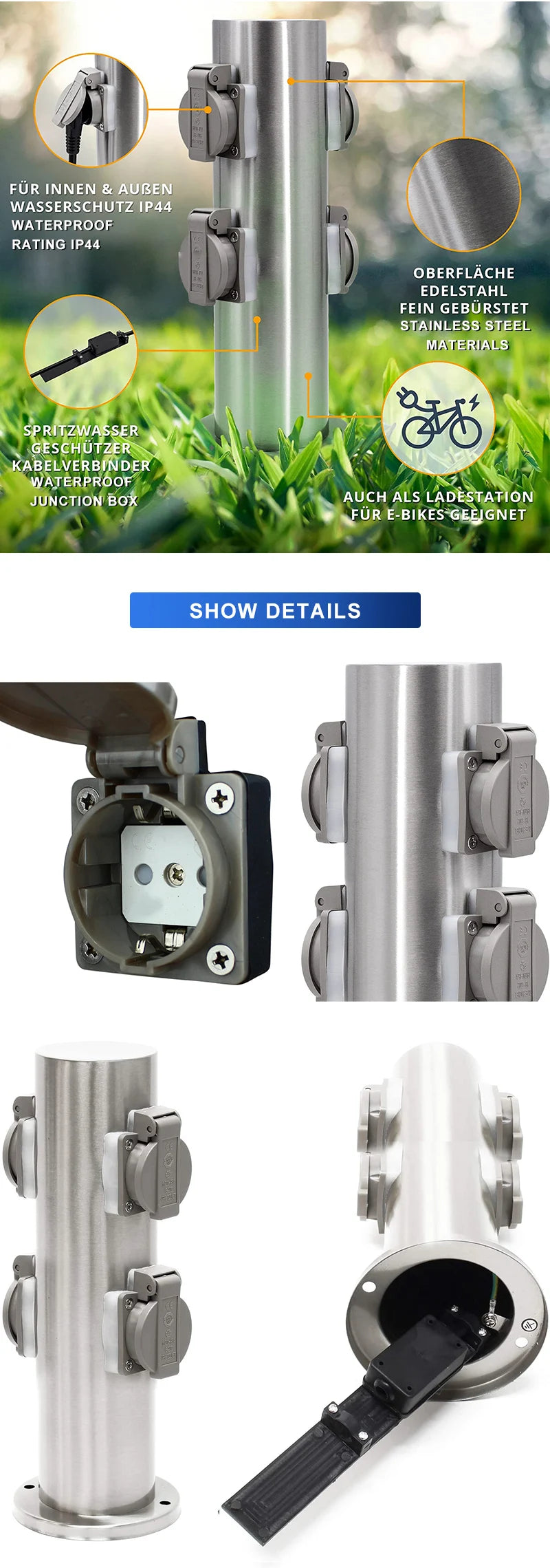 Outdoor Garden Socket 4-Way EU Sockets Waterproof Energy Column Multi-socket Spike for Garden décor Lawn Mower Electrical outlet
