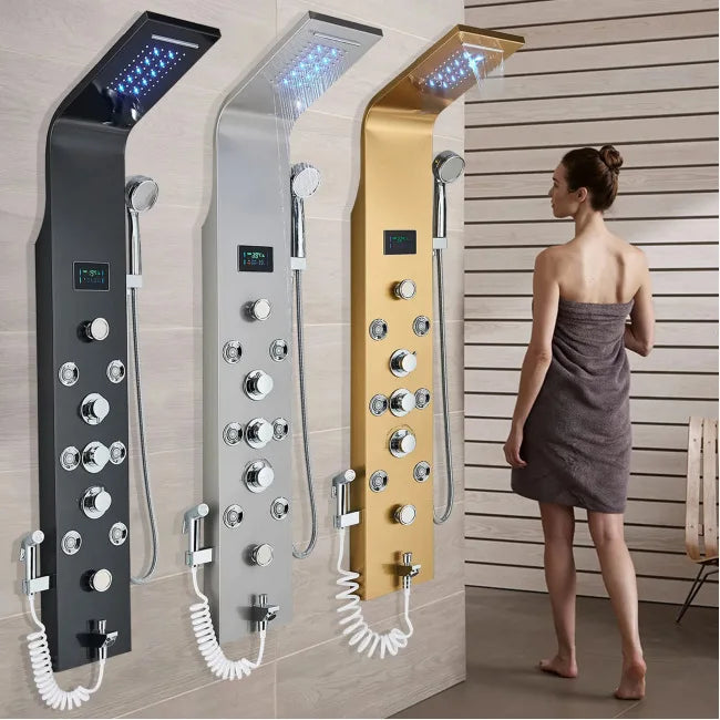European Gold 304 Stainless Steel Intelligent Digital Display Shower Screen Brushed Finish Ceramic Direct Bathroom Faucets