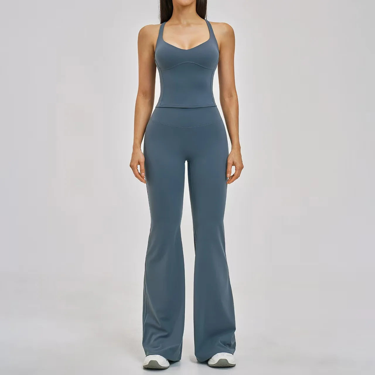 Four Way Stretch 2-Piece Yoga Set V Neck Yoga Tank Top Crisscross Back Slim Fit High Waist Flared Yoga Pants Gym Running Outfit
