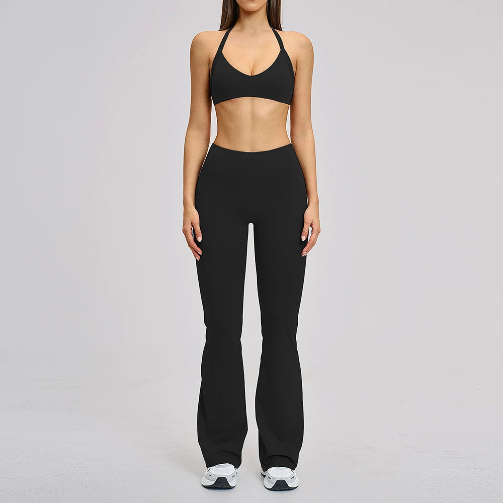CIYING Wholesale Backless Yoga Halter Neck Sports Bra and Flare Leggings Set Custom Logo Brushed Gym Soft Breathable Yoga Set