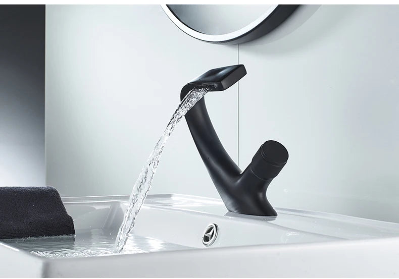 Black Faucet Bathroom Sink Faucets Hot Cold Water Mixer Crane Deck  Mounted Single Hole Bath Tap Chrome Finished ELM457