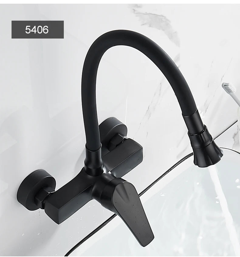 ELLEN Wall Mount Kitchen Sink Faucet Hot Cold Sink Water Mixer Tap 2 Holes Black Faucets 360 Degree Swivel ELK5400