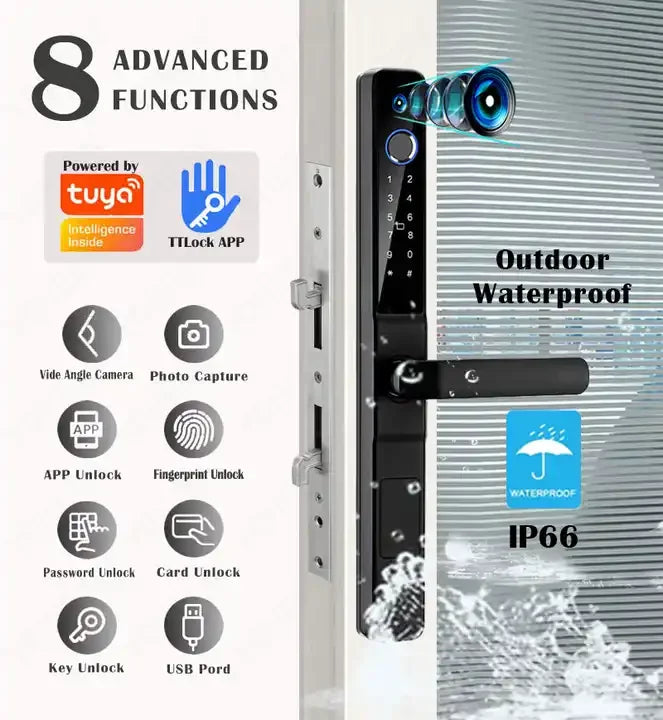 New Design Tuya WiFi Smart Door Lock Waterproof Camera Aluminum Sliding Door Steel Door Memory Card Cloud New Zealand Exclusive