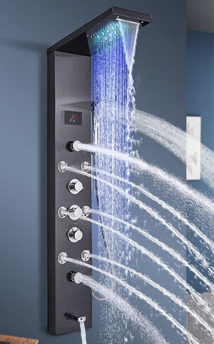 Golden Brushed Nickel Stainless Steel Wall Mount Thermostatic Faucets Shower Panel Rain Spray Ceramic Shower Glass for Hotel Use