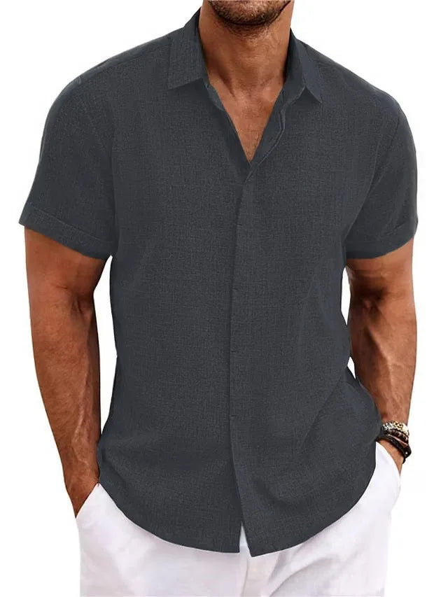 Men's Linen/Cotton Short-Sleeve Loose-Fit Solid Color Beach-Style Plus-Size Shirt Turn-down Collar Beaded Machine Washable