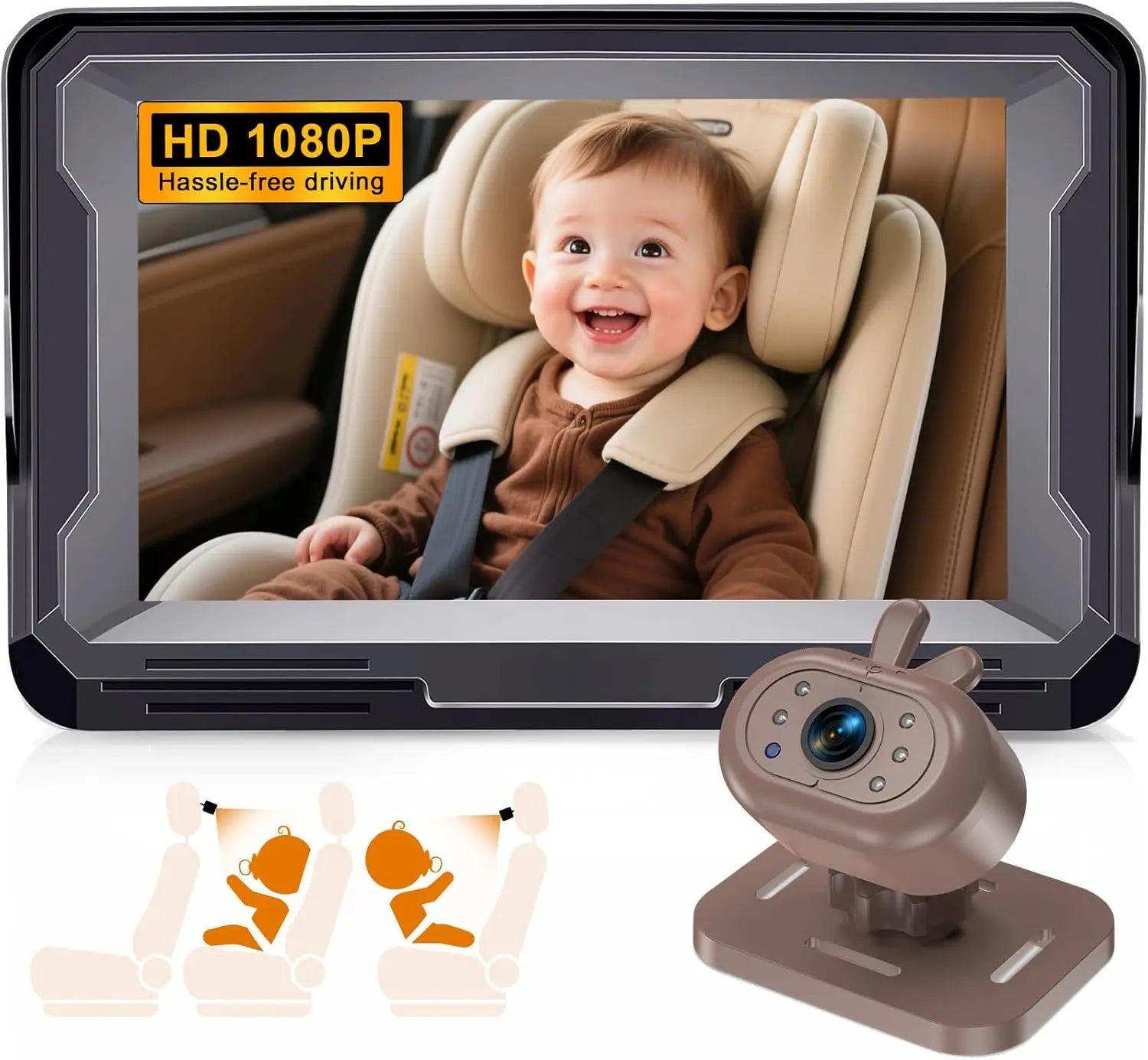 Brown Baby Car Camera Waterproof 1080P Easy Install Clear Night Vision 2Mins Plug-Play 360 Rotation Rear Facing Monitor
