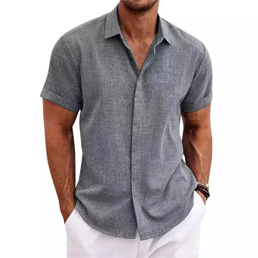 Men's Lapel Cotton Hemp Cardigan Short Sleeve High Quality Solid Color Shirt Summer Home Short Sleeve Sehe Fashion