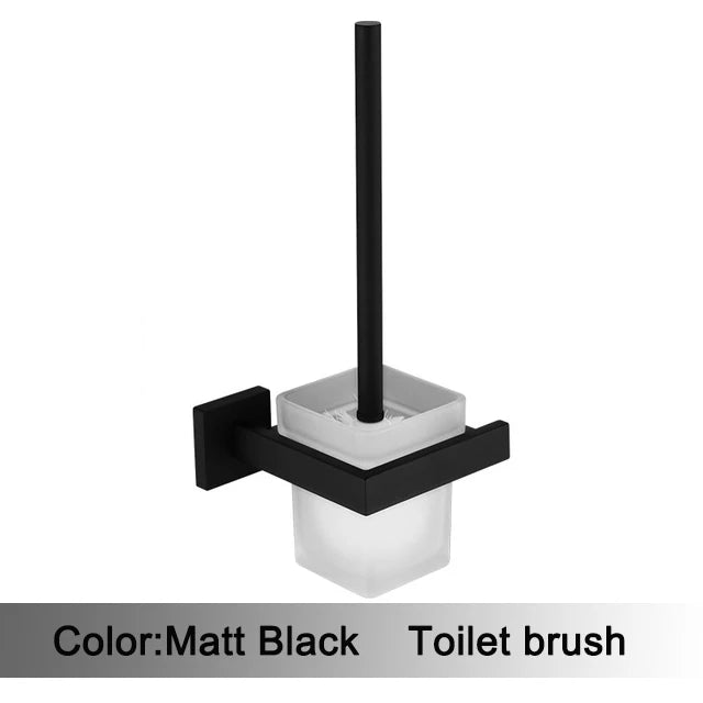 Matt Black Bathroom Hardware Set Kit Accessories Wall Shelf Towel Bar Rack Rail Robe Hanger Toilet Brush Roll Paper Holder Dish