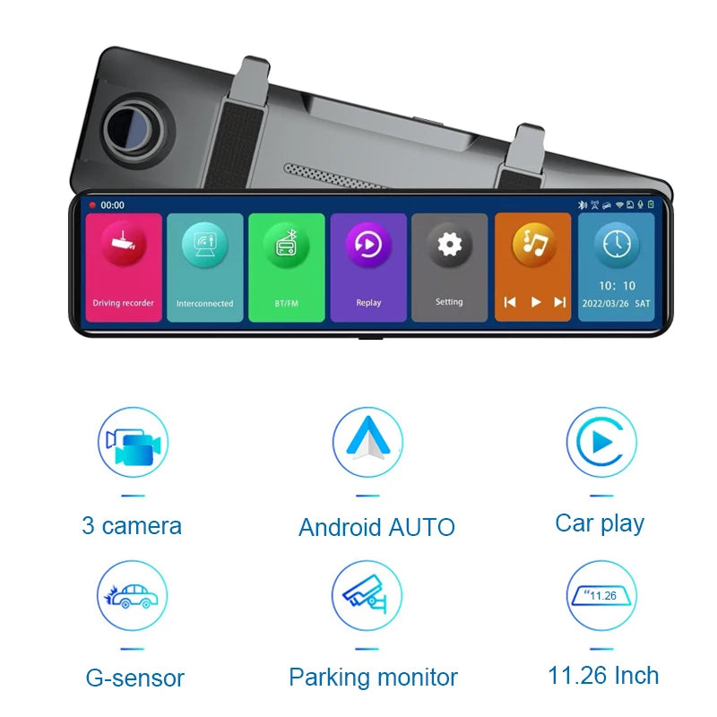 12" Car Play Android Auto Car Black Box Wifi Wireless Carplay Dash Cam 3 Lens Camera Front 2K+rear 1080P Car Video Recorde