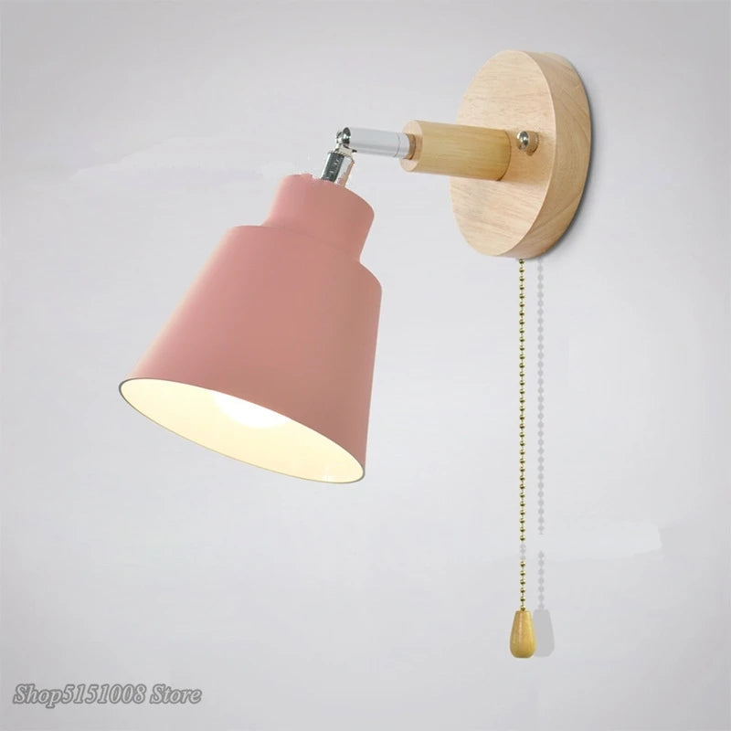 Nordic wooden wall lights with Zipper switch sconce modern wall lamp bedroom bedside lamp macaroon wall sconce Freely rotatable
