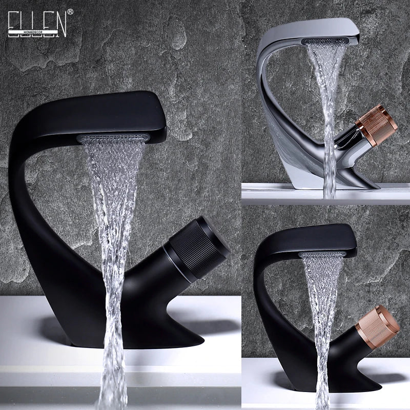 Black Faucet Bathroom Sink Faucets Hot Cold Water Mixer Crane Deck  Mounted Single Hole Bath Tap Chrome Finished ELM457