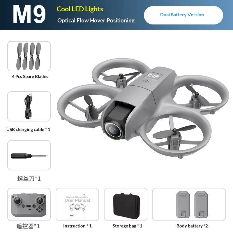 New M9 Drone Dual Camera Optical Flow HD Aerial Photography Quadcopter RC Aircraft Toy with WiFi FPV Foldable Smart Follow Drone