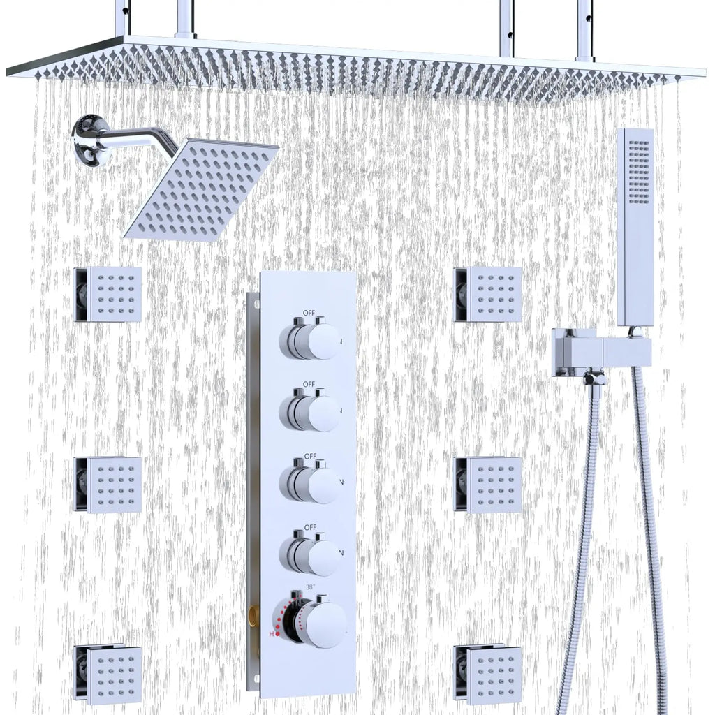 Chrome Brass Modern Style Apartment Bathroom Shower System 6-Piece Handheld Body Jets Dual Shower Heads Soft Rain Spray Massage