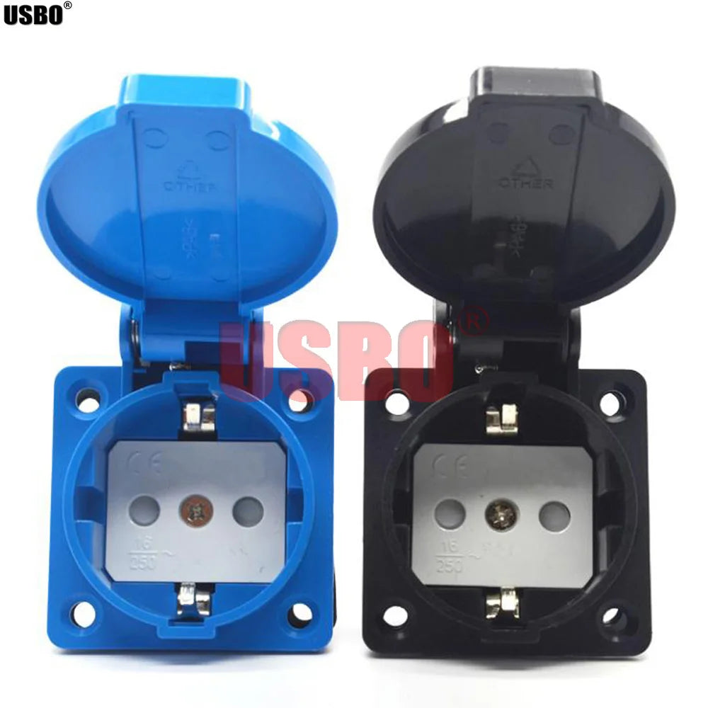 Black Blue Round Cover 50*50mm EU Industry AC Power Socket IP44 Europe Germany 16A 250V Grounding Outdoor Waterproof Socket