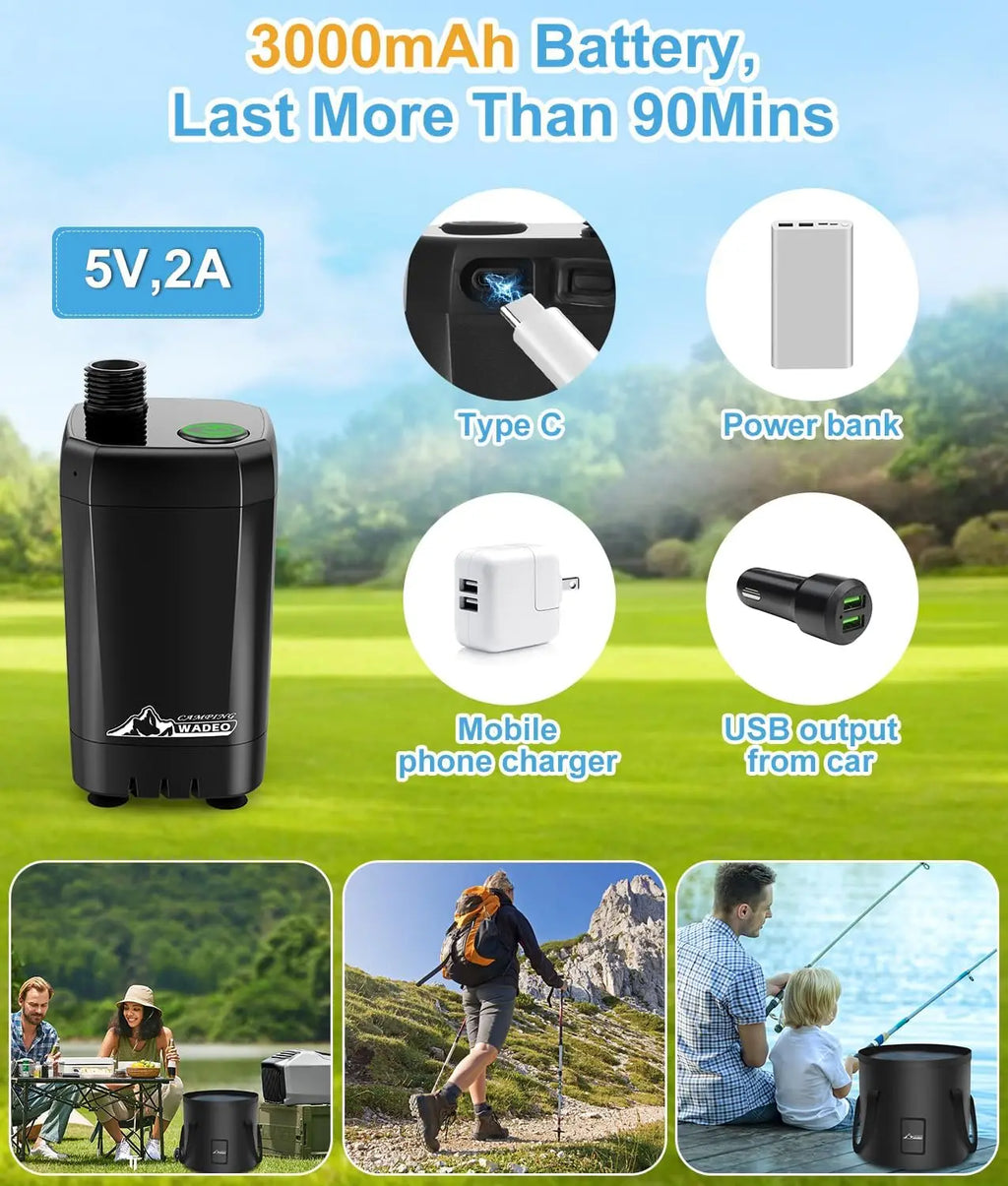 Portable Shower for Camping Outdoor Electric Shower Rechargeable Pump with 20L Collapsible Bucket