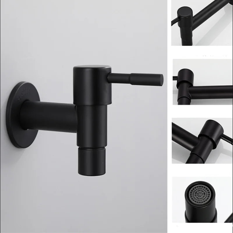Wall Mounted Faucet Single Cold Sink Tap Black Water Tap for Bathroom Washing Machine Sink Mop Pool