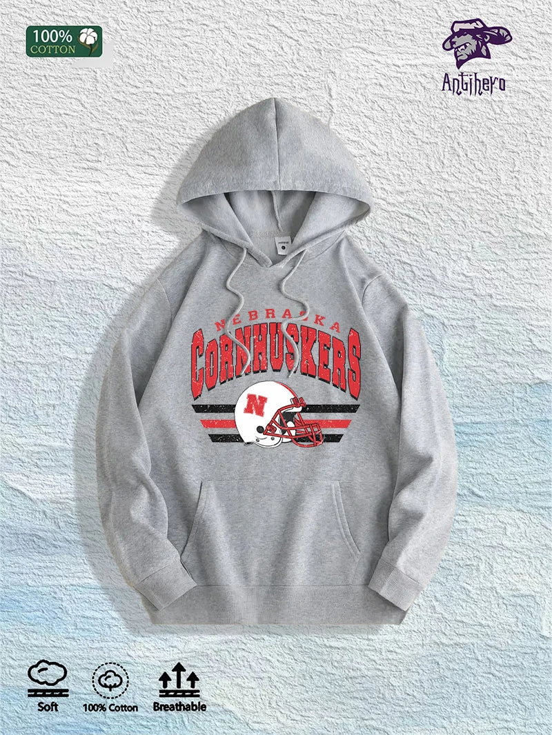 US Local Warehouse: 100% Cotton Retro Nebraska Football Graphic Hoodie, 7 Colors