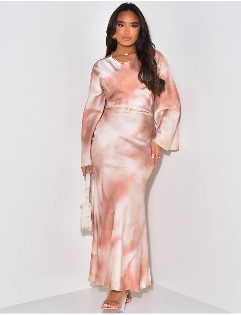 Liu Ming Hot Fashion Women Elegant Flare Long Sleeves Tie Dyed Printed Round Neck Slim Maxi Dress