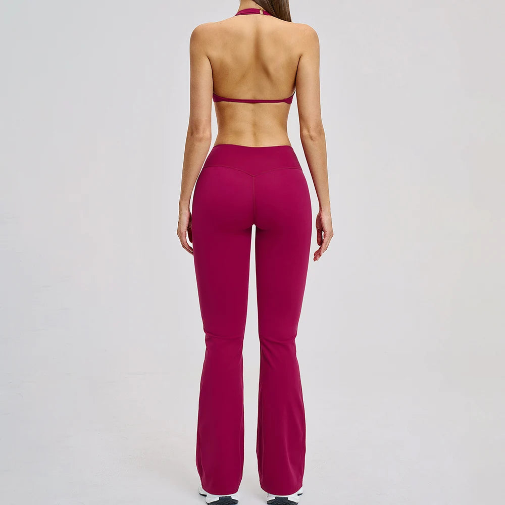 CIYING Wholesale Backless Yoga Halter Neck Sports Bra and Flare Leggings Set Custom Logo Brushed Gym Soft Breathable Yoga Set