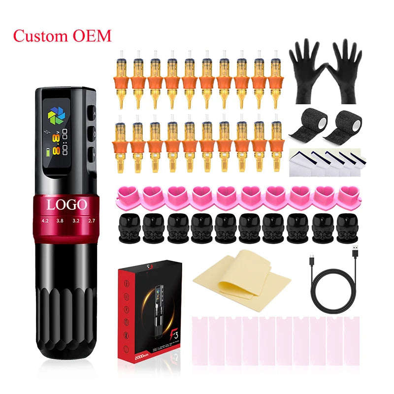 Color Screen Stroke Battery Rotary Tattoo Machine Wireless Tattoo Pen Machine Kit with Cartridge and Practice skin for Body Art