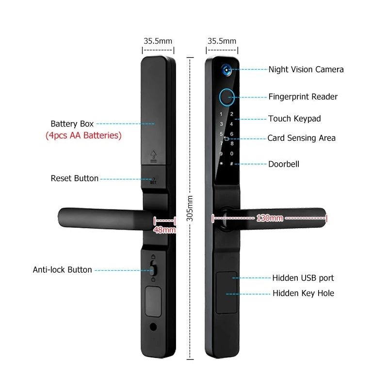 New Design Tuya WiFi Smart Door Lock Waterproof Camera Aluminum Sliding Door Steel Door Memory Card Cloud New Zealand Exclusive