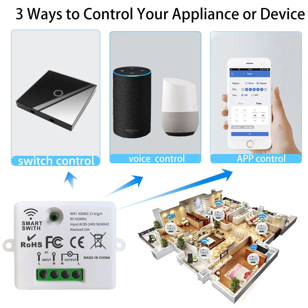 Mini WiFi Light Switch Timer Wall panel switch RF 220V Controller Tuya Smart Life APP Control Work With Alexa for Home Appliance