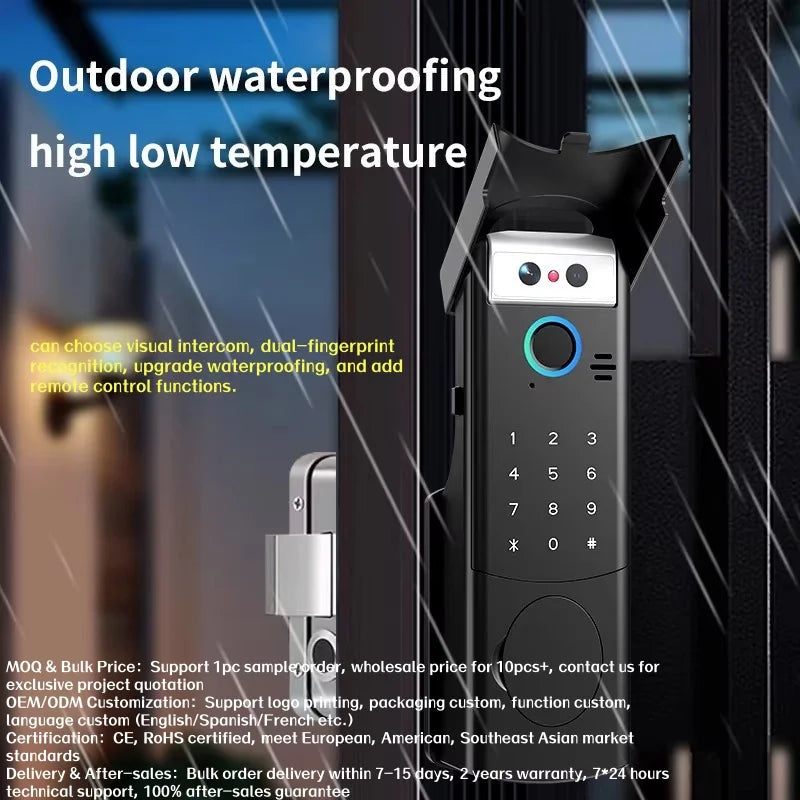 3D Face Recognition Front Door IP67 Waterproof Smart Lock Remote Keyless Fingerprint Password Unlock Cloud Wood Compatible