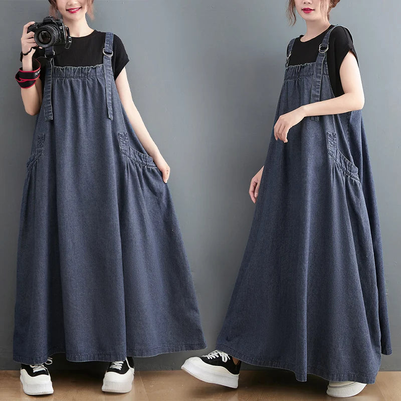 Boutique Wholesale 2026 Spring and Summer New Suspender Long Dress Loose and Thin Denim Belt Dress Large Swing Dress