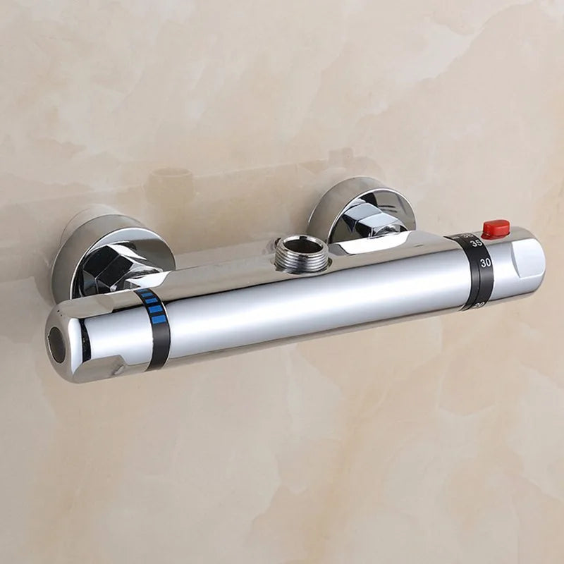 Brass Thermostatic Mixing Valve & Shower Faucet with Chrome Finish Dual Handle Soft/Rain Spray for Electric/Solar Water Heaters